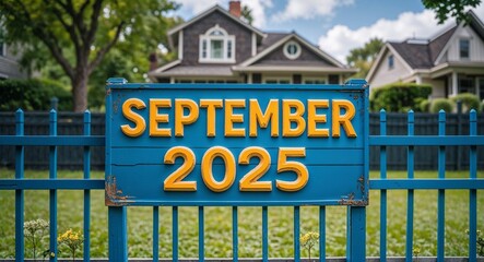 september 2025 lettering on sign at fence with house background
