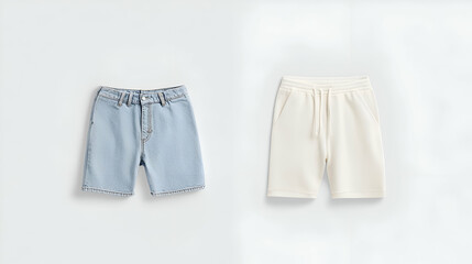 Light Blue Denim Shorts and Off White Sweatshorts on White Background