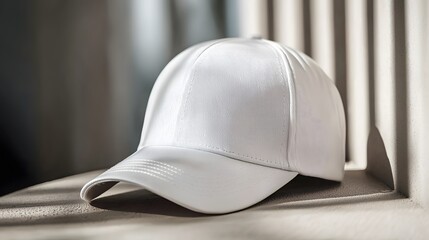 A clean white baseball cap resting against a light background