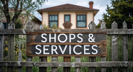 Obraz premium Shops and Services lettering on sign at fence with house background