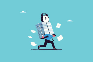 Weighed Down by Deadlines, Exhausted Businessman Struggling with Heavy Paperwork and a Ticking Alarm Clock
