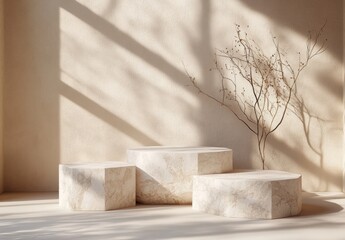 Minimal Stone Pedestal Scene for Product Display and Promotion in Soft Diffused Lighting