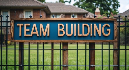 Obraz premium team building lettering on sign at fence with house background