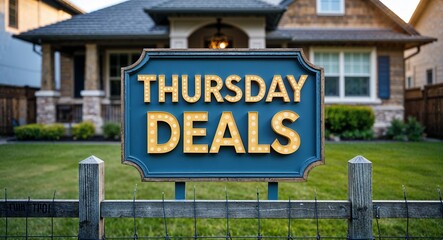 Fototapeta premium Thursday deals lettering on sign at fence with house background