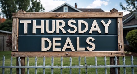 Thursday deals lettering on sign at fence with house background