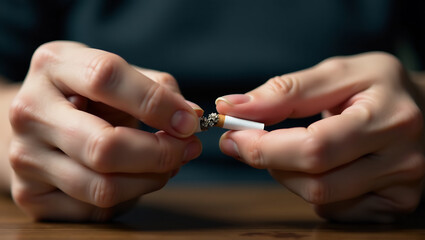 A close-up of hands breaking a cigarette in half, symbolizing the decision to quit smoking.
