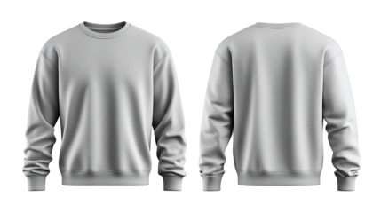Minimalist light gray crew neck sweater, front and back view, smooth fabric texture, isolated on transparent background 