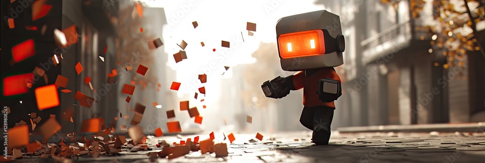 Poster robot navigating a city street with floating cubes in an autumn setting