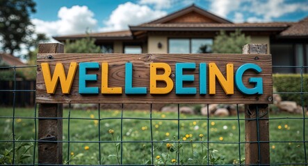 Obraz premium wellbeing lettering on sign at fence with house background