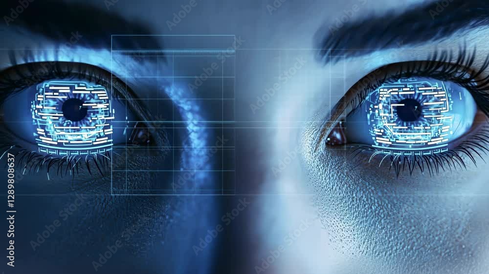 Poster futuristic digital interface and cyber innovation human eyes reflecting advanced technology and virt