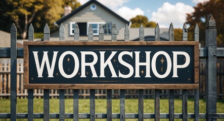 Obraz premium workshop lettering on sign at fence with house background