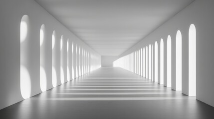 White corridor with archways and light beams