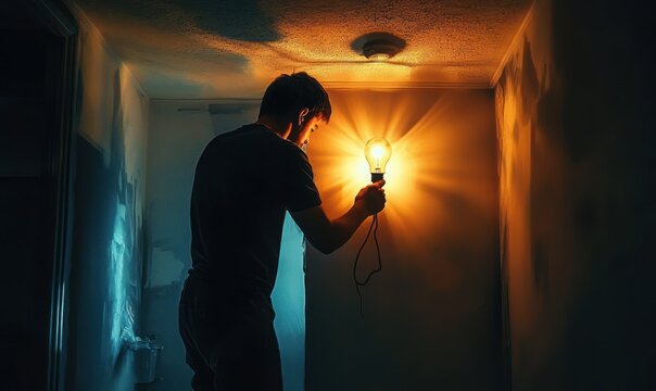 Electrician Changing Light Bulb on Ladder in Apartment - Powered by Adobe