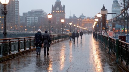 Snowy city walk, couple strolling, riverside path, buildings background, travel photo