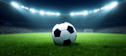 Soccer ball on green field, dramatic stadium lighting, sports match atmosphere