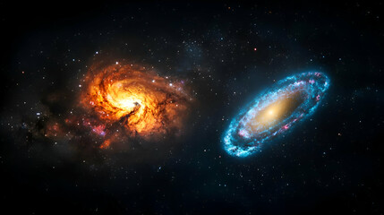 Obraz premium Two Galaxies in Deep Space: A Vibrant Cosmic Encounter