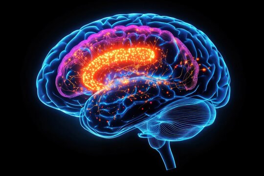 Human Brain X-Ray Illustration with Neural Connections in Blue with Orange and Pink Highlights