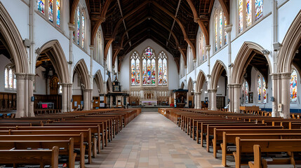 Fototapeta premium Spacious Church Interior with Wooden Pews and Stained Glass
