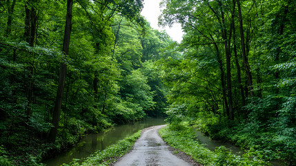 Lush Green Forest Path with Waterway