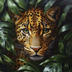 Naklejka premium Majestic Leopard Surrounded by Lush Green Jungle Foliage