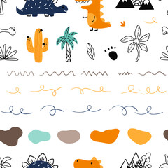 Seamless pattern of cute colorful dinosaurs with floral and geometric elements palms, mountains, clouds, leaves.	
