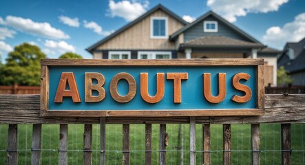 about us lettering on sign at fence with house background