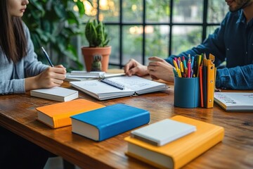 Students Collaborating in Library for Exams Homework Study Session Education