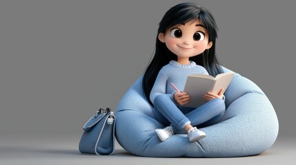 Obraz premium Cartoon girl studying in a beanbag chair, book and pencil