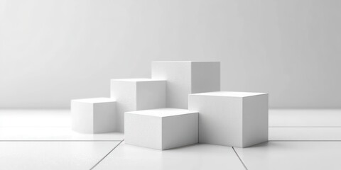 Minimalist 3D Render of Three White Geometric Blocks on Reflective Surface for Product Presentation or Award Ceremony