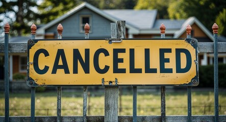 Obraz premium cancelled lettering on sign at fence with house background