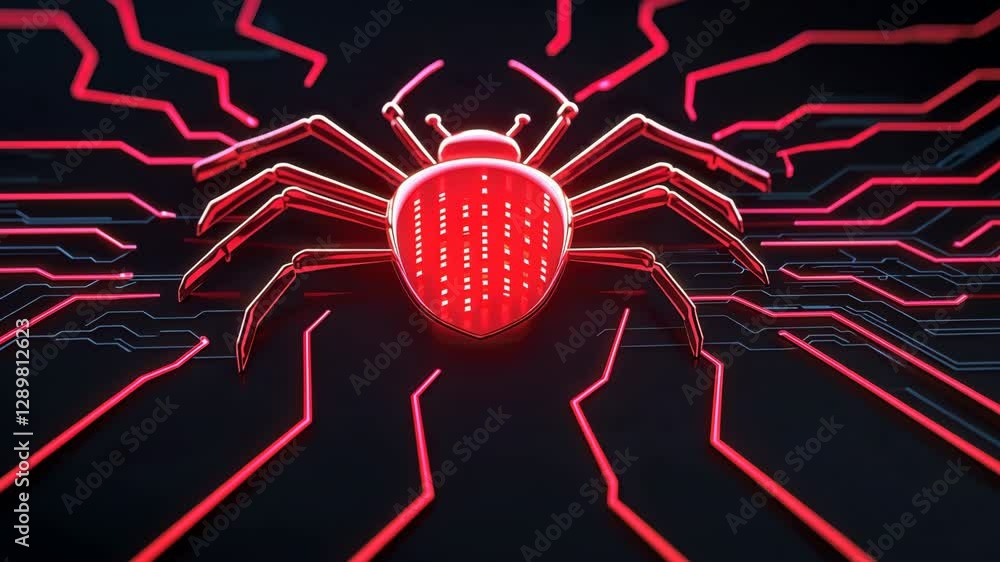 Poster glowing red digital spider symbol of cybersecurity threats and computer virus with circuit like legs