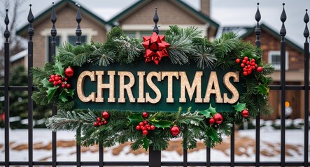 christmas lettering on sign at fence with house background