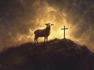 Fototapeta premium A lamb standing on the top of a hill with a cross in the background at sunset Generative AI