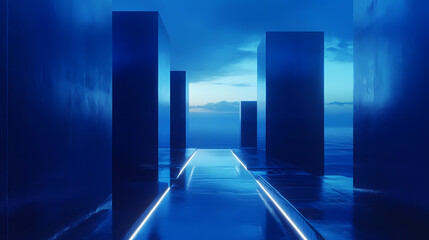 Obraz premium Sci-fi 3D rendered city with road and glowing lights