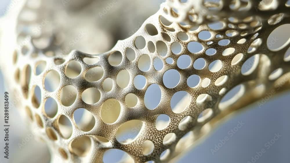 Poster close up view of a complex, porous structure featuring intricate patterns and textures, highlighting