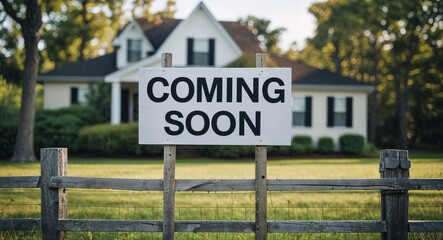 coming soon lettering on sign at fence with house background