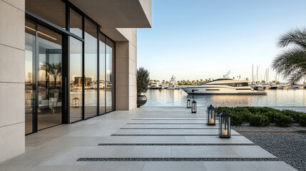 A stunning luxury villa entrance overlooking a private marina with yachts, featuring modern architecture and elegant lantern lighting.

