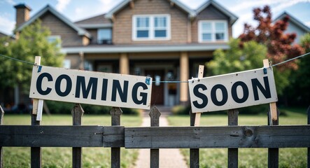 Obraz premium coming soon lettering on sign at fence with house background