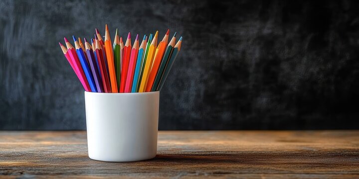 Colorful Pencils in Minimalist White Cup on Wooden Table with Blackboard Background for Education Concept