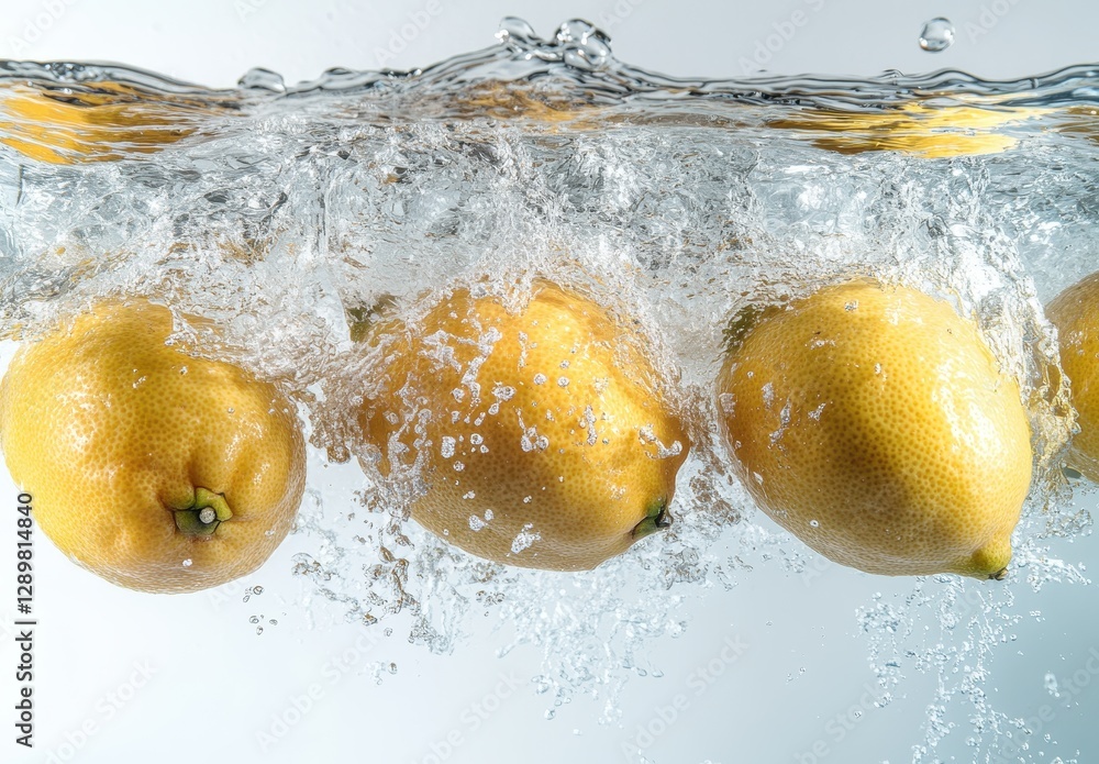 Poster fresh lemons sinking into clear water with splashing bubbles creating dynamic and vibrant visual app