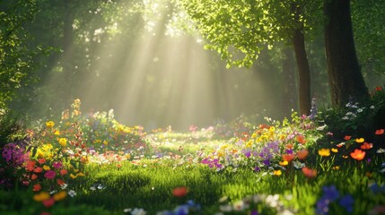 Fototapeta premium Beautiful colorful wild flowers in deep foggy forest with sun light in Spring.