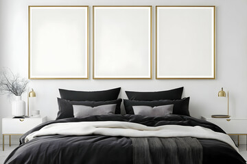 Modern Bedroom 3D Illustration: Gold Frames, Black Bedding