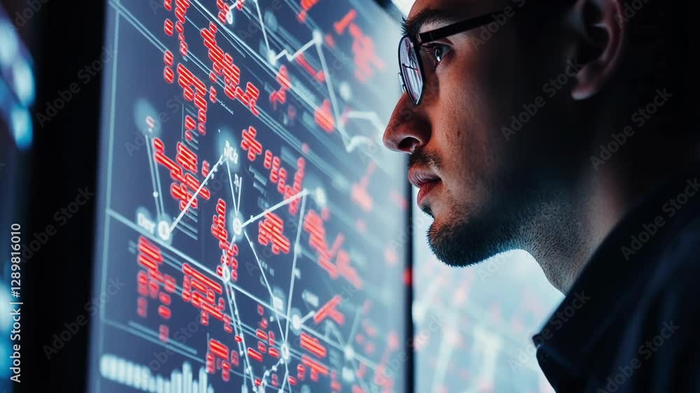 Poster focused scientist examines intricate data visualizations on a digital screen, highlighting the inter