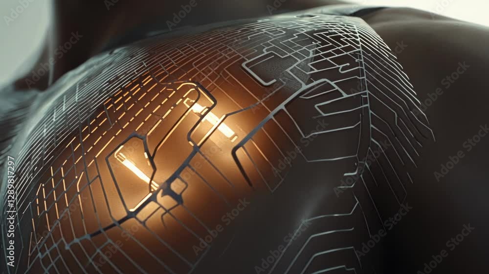Aufkleber close up of a human torso showcasing a glowing, intricate circuit pattern, symbolizing advanced tech