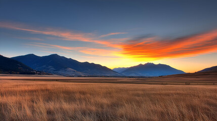Vibrant Sunset Over Golden Field and Mountain Range