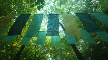Green flags hanging in forest, sunlight, nature path