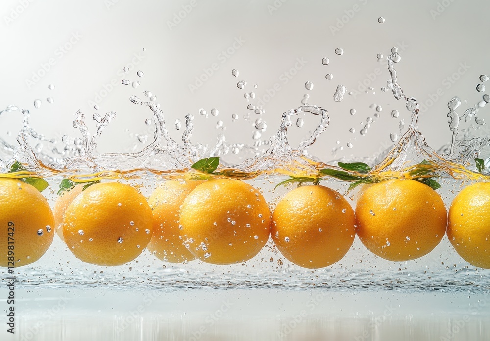 Poster fresh oranges splashing in water with a clean and bright background creating a refreshing and vibran