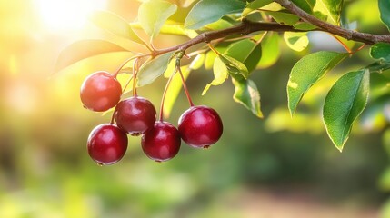 Fresh Red Cherries on a Tree Branch Illuminated by Warm Summer Light in a Vibrant Orchard
