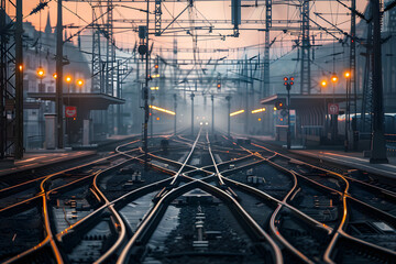 Intricate Railway Junction: Convergence and Divergence of Multiple Train Tracks at a Bustling Transport Hub
