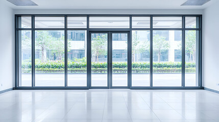 Empty Modern Office Space with Glass Doors and City View